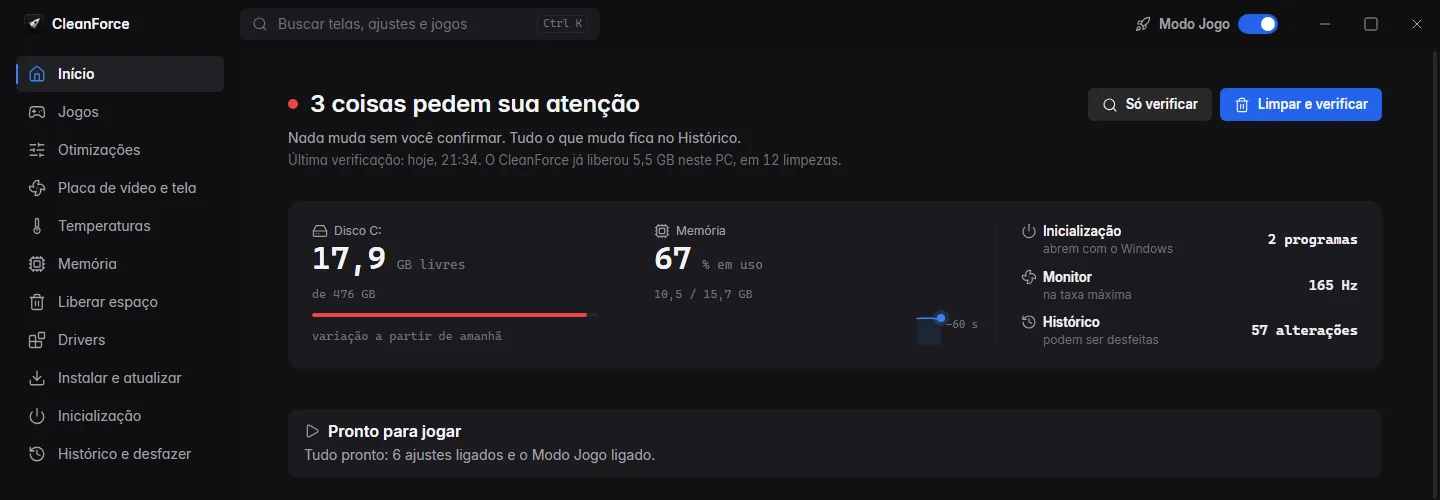 Tela Início do CleanForce com o disco C: com 17,9 GB livres, memória em 67% de uso, 2 programas que abrem com o Windows e monitor a 165 Hz.