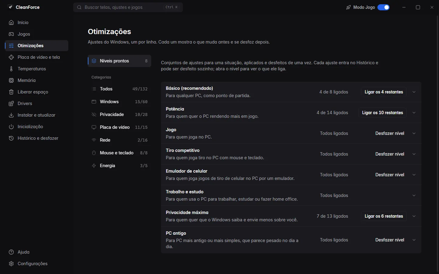 Tela Otimizações do CleanForce com os níveis prontos Básico, Potência, Jogo, Tiro competitivo, Emulador de celular, Trabalho e estudo, Privacidade máxima e PC antigo.